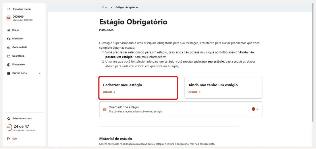 Tela Estágio Obrigatório com o cartão Cadastrar meu estágio