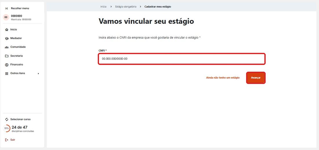 Tela Vamos vincular seu estágio com o campo de CNPJ